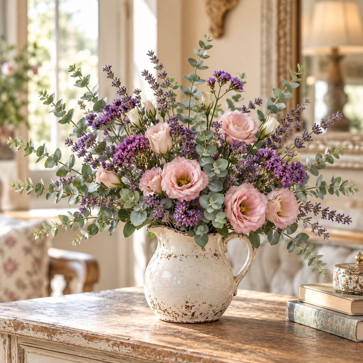 A floral arrangement in a distressed white ceramic pitcher vase, featuring pink and peach roses, purple lavender sprigs, and green eucalyptus stems, displayed on a rustic wooden table in a softly lit room.
