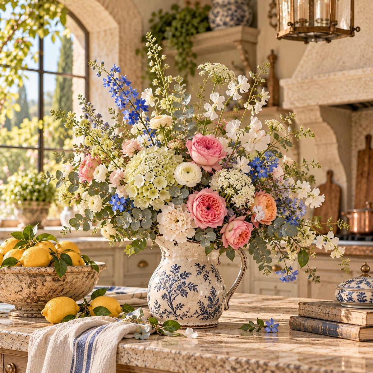 A large, vibrant floral arrangement in a vintage-style blue and white ceramic pitcher vase, set on a marble kitchen counter with lemons and books in a warm, sunlit kitchen.