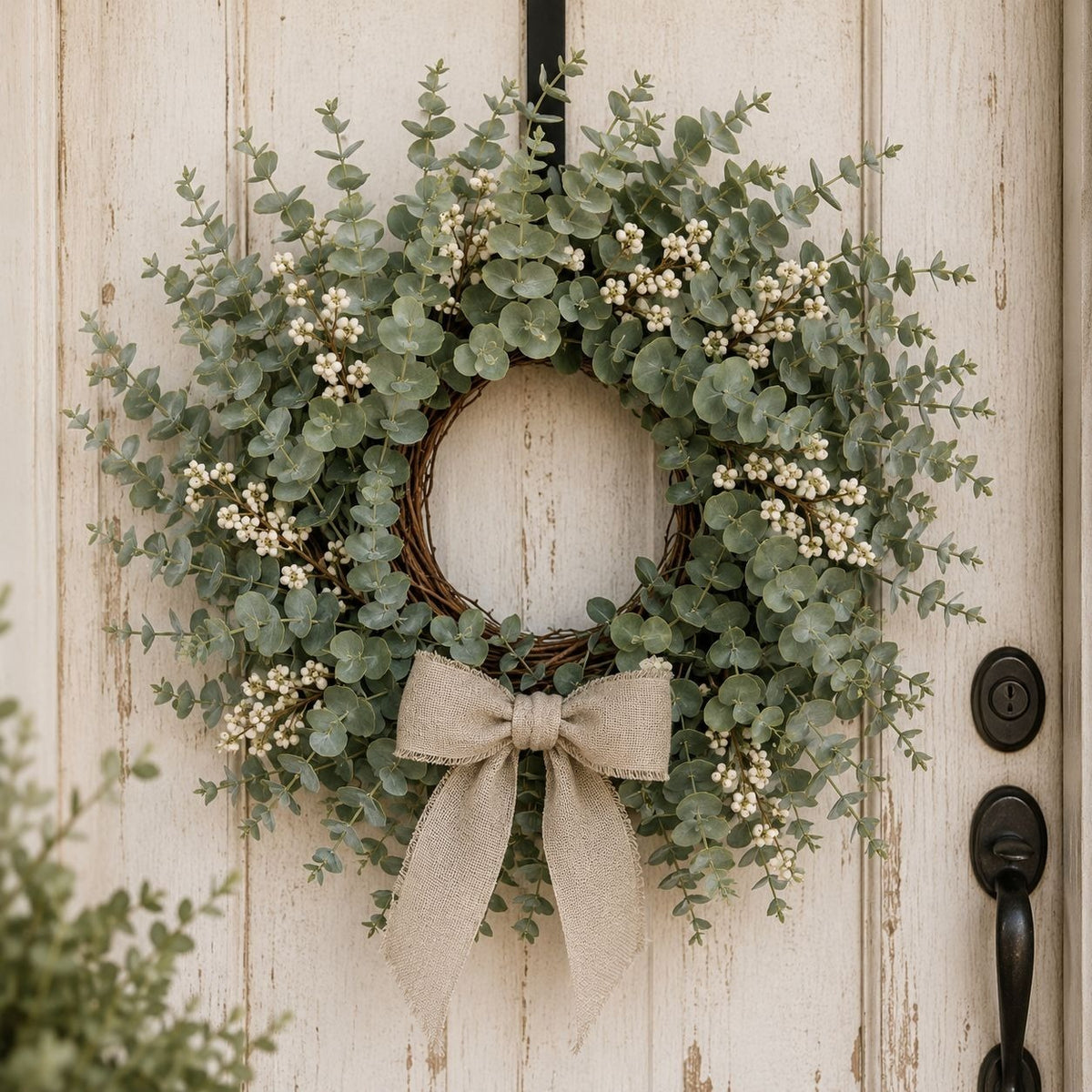 Green wreath with a bow on a wooden door