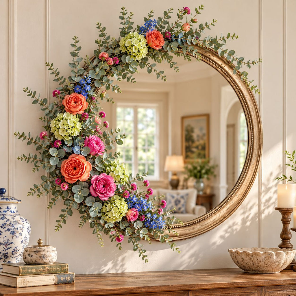 An ornate round gold mirror mounted on a cream paneled wall, decorated with a lush floral wreath featuring pink, orange, yellow, and blue flowers with green eucalyptus leaves. The mirror reflects a softly lit living room interior, and the scene is styled with a blue-and-white ceramic vase, books, and a wooden console table below.