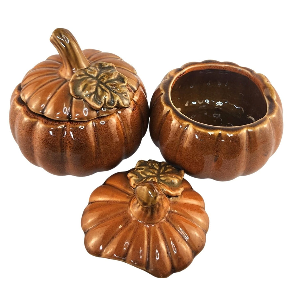 TII Collections Ceramic Pumpkin Containers Lids Set 2 Sugar Bowl Candy Dish Fall
