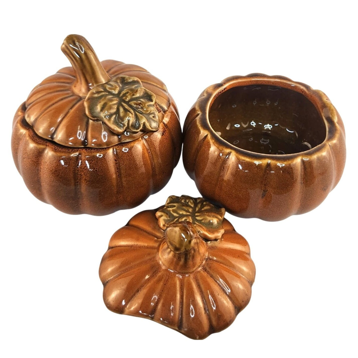 TII Collections Ceramic Pumpkin Containers Lids Set 2 Sugar Bowl Candy Dish Fall