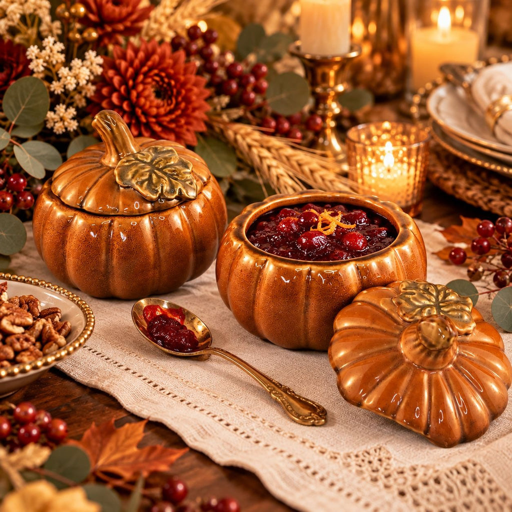 TII Collections Ceramic Pumpkin Containers Lids Set 2 Sugar Bowl Candy Dish Fall