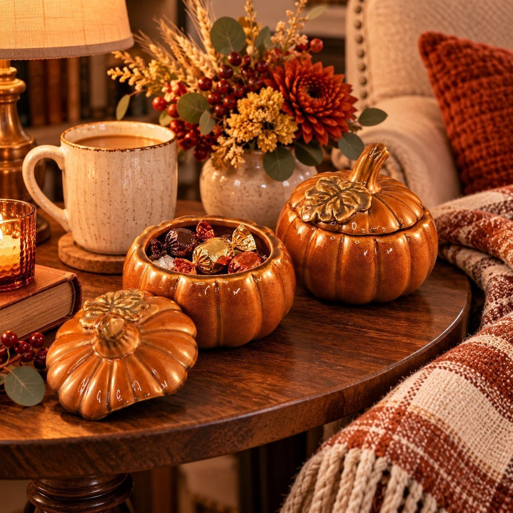TII Collections Ceramic Pumpkin Containers Lids Set 2 Sugar Bowl Candy Dish Fall
