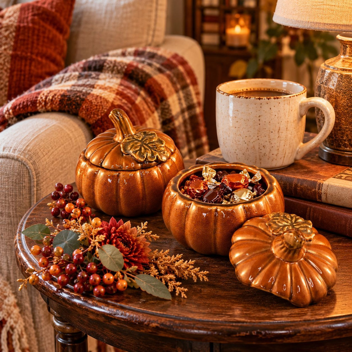 TII Collections Ceramic Pumpkin Containers Lids Set 2 Sugar Bowl Candy Dish Fall