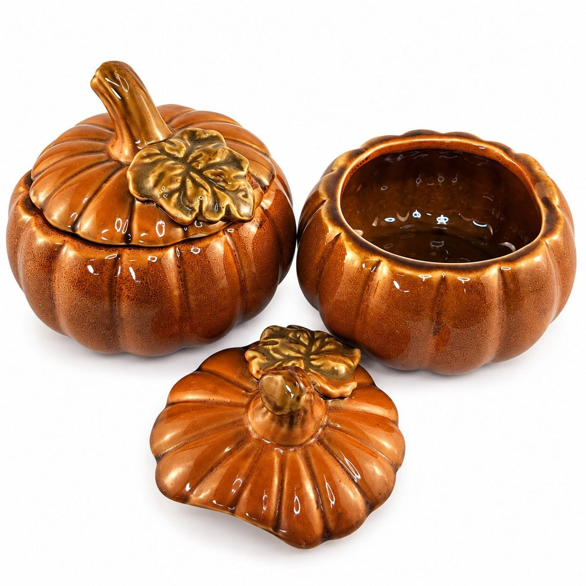 TII Collections Ceramic Pumpkin Containers Lids Set 2 Sugar Bowl Candy Dish Fall