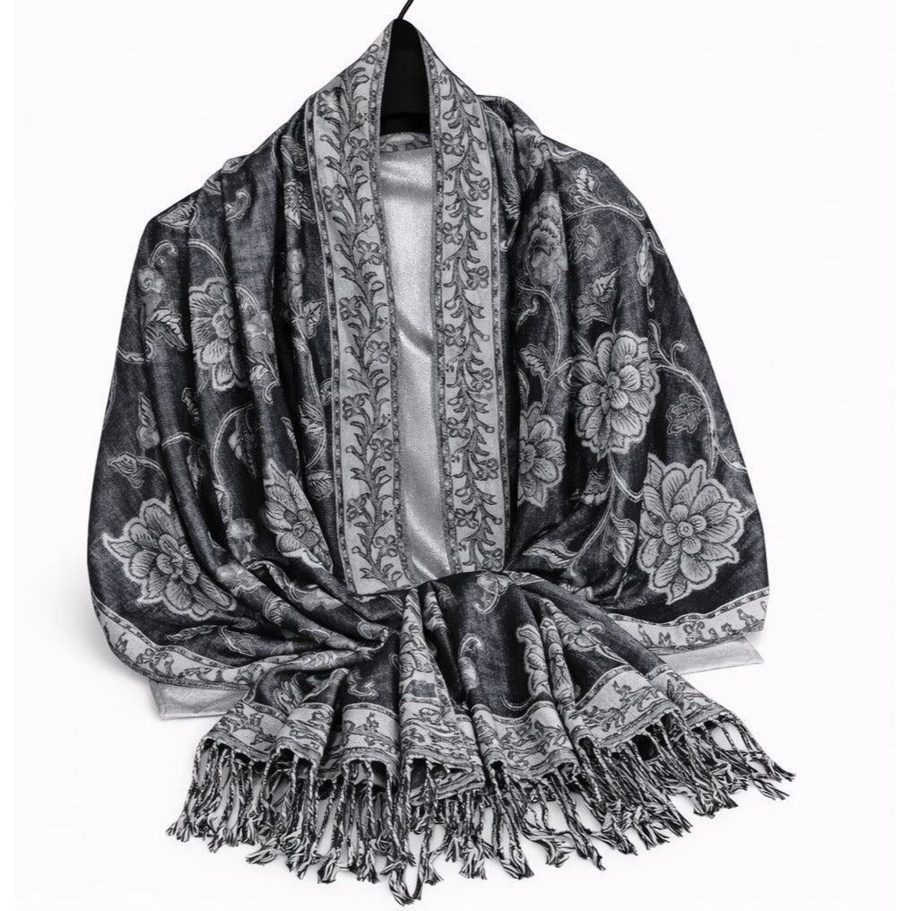 Black White Paisley Jacquard Scarf Shawl Fringe Boho Wrap Women 72x28 Inch