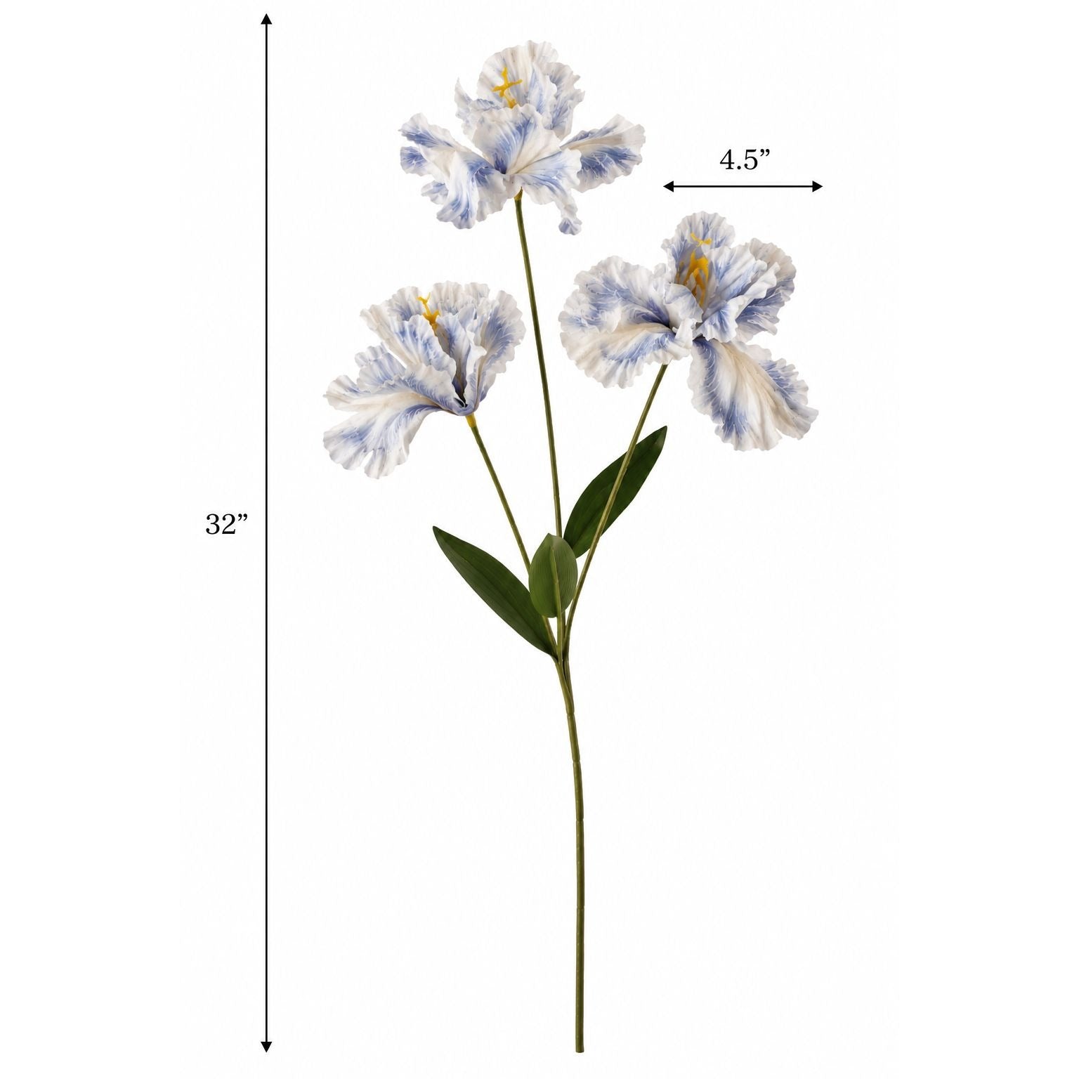 Artificial flower stem with three blue and white flowers and measurements on a white background