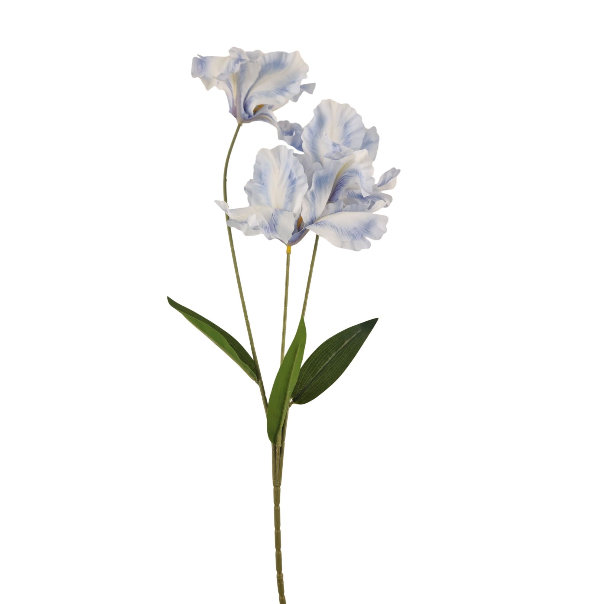 Artificial flower stem with blue and white flowers on a white background