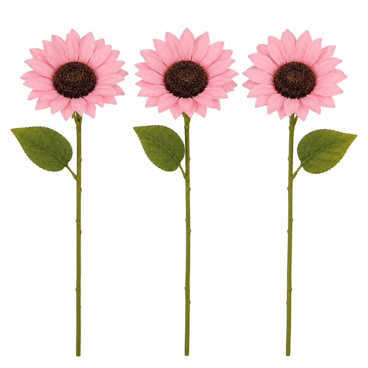 Three artificial pink sunflowers with green stems and leaves, arranged vertically on a plain white background.