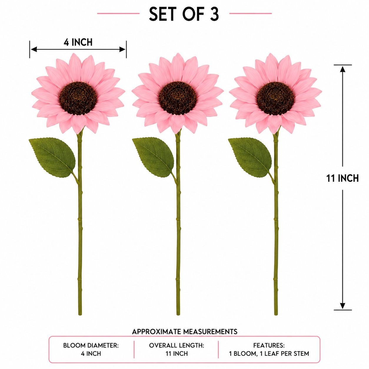 Three pink sunflower stems shown on a white background with measurement labels indicating 4-inch bloom diameter, 11-inch overall length, and a set of 3 flowers. Text at the bottom lists approximate measurements and features.