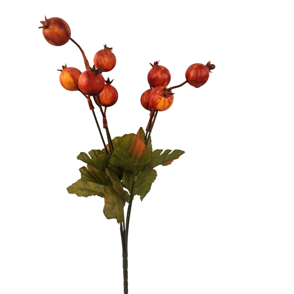 Artificial Orange Rosehip Berry Stem 13 Inch with Green Leaves for Fall Decor Arrangements