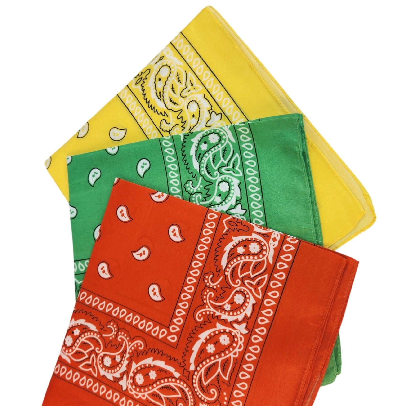 Bandanas 21x21" Western Cowboy Cowgirl - Orange Green Yellow Paisley Square Scarves 3 Pack