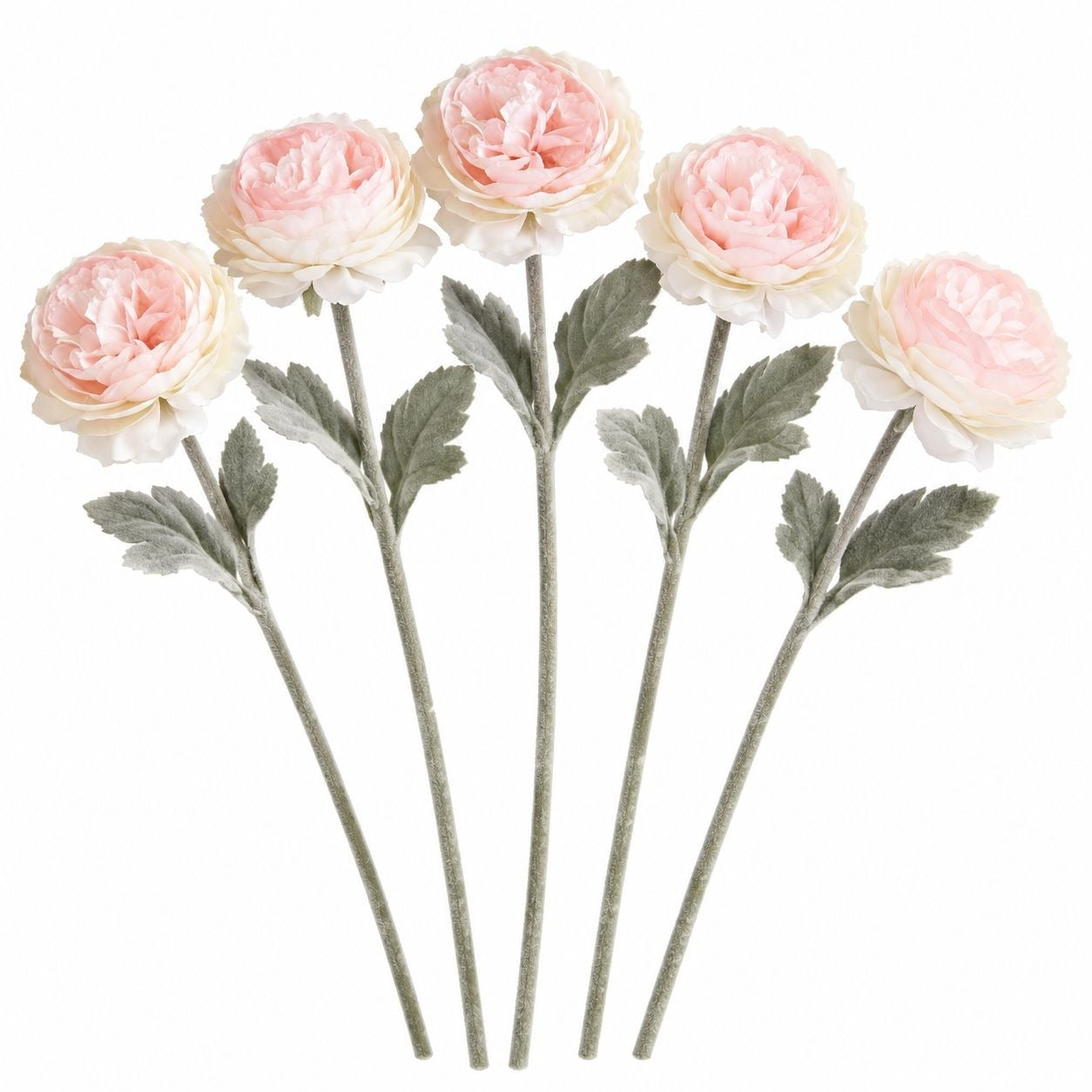 Artificial Peony Ranunculus Style Flowers Set of 5 Pink Blush Cream 15 Inch