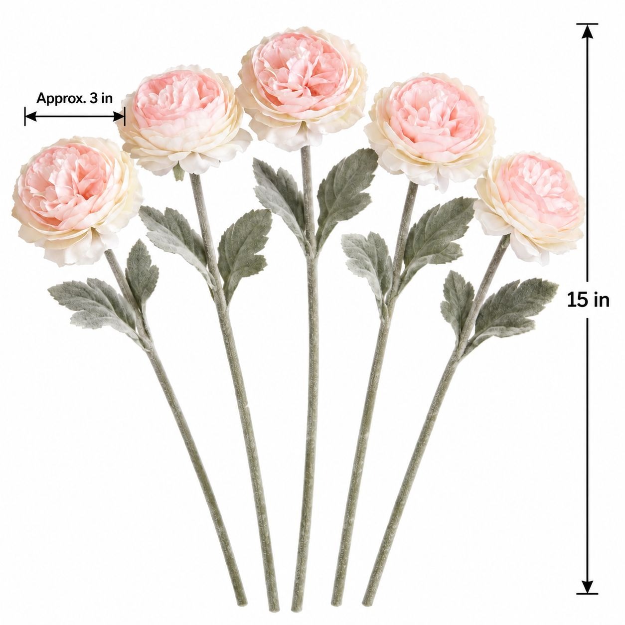 Artificial Peony Ranunculus Style Flowers Set of 5 Pink Blush Cream 15 Inch