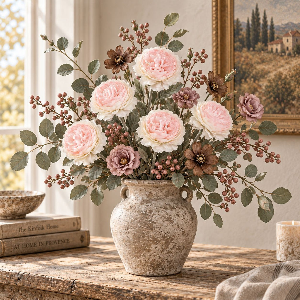 Artificial Peony Ranunculus Style Flowers Set of 5 Pink Blush Cream 15 Inch
