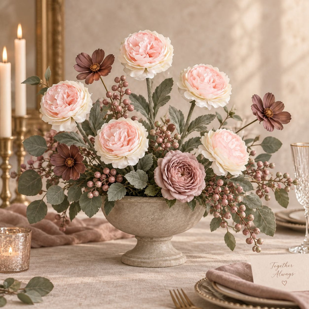 Artificial Peony Ranunculus Style Flowers Set of 5 Pink Blush Cream 15 Inch