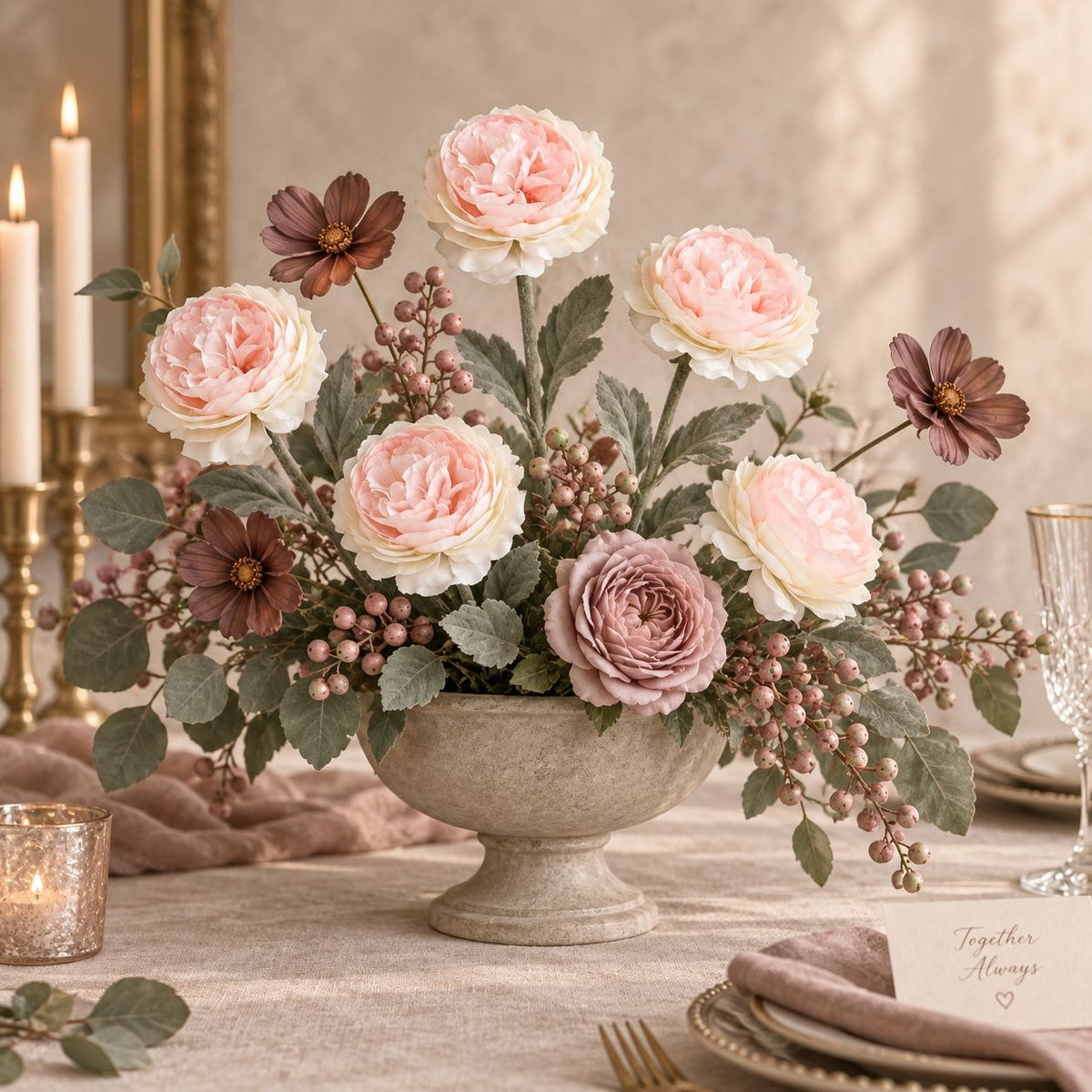 Artificial Peony Ranunculus Style Flowers Set of 5 Pink Blush Cream 15 Inch