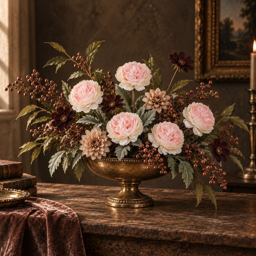 Artificial Peony Ranunculus Style Flowers Set of 5 Pink Blush Cream 15 Inch