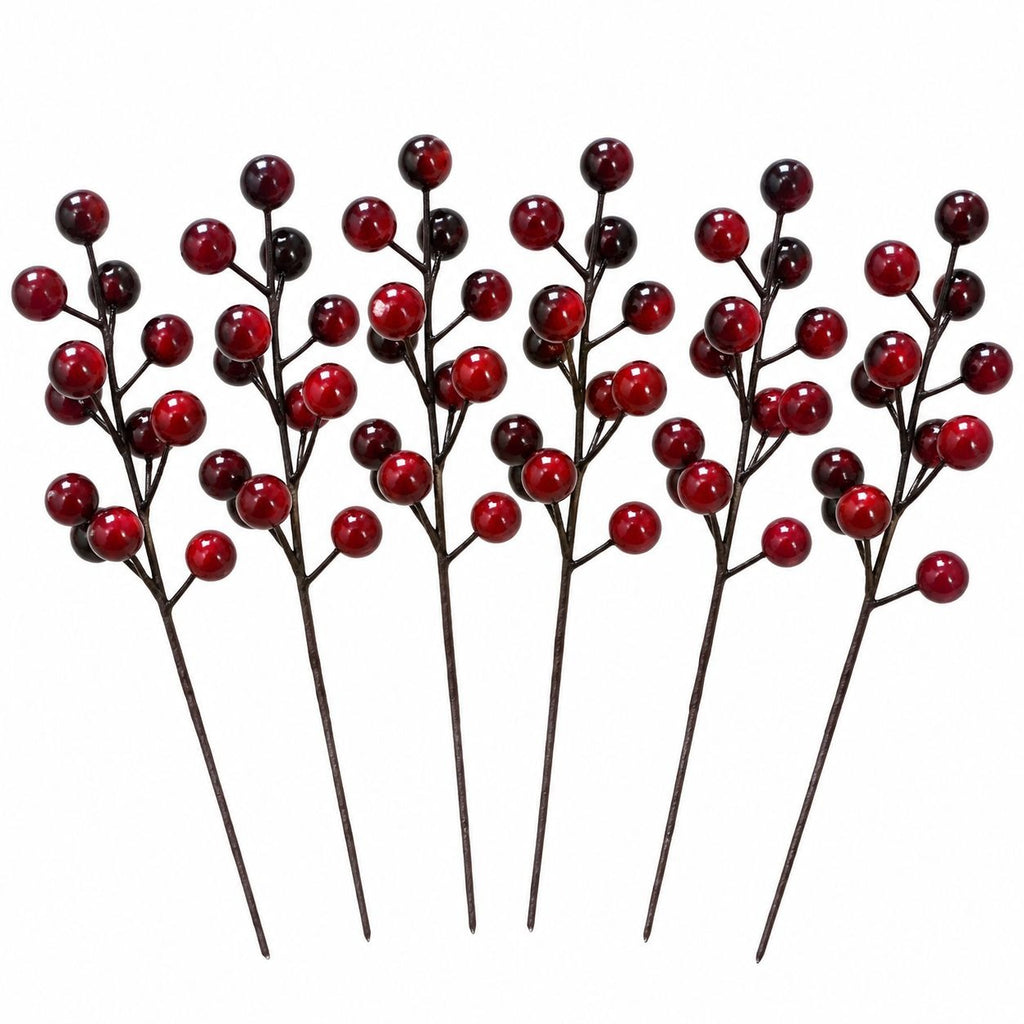 6 Artificial Burgundy Berry Picks, 8-Inch Cranberry Red Stems