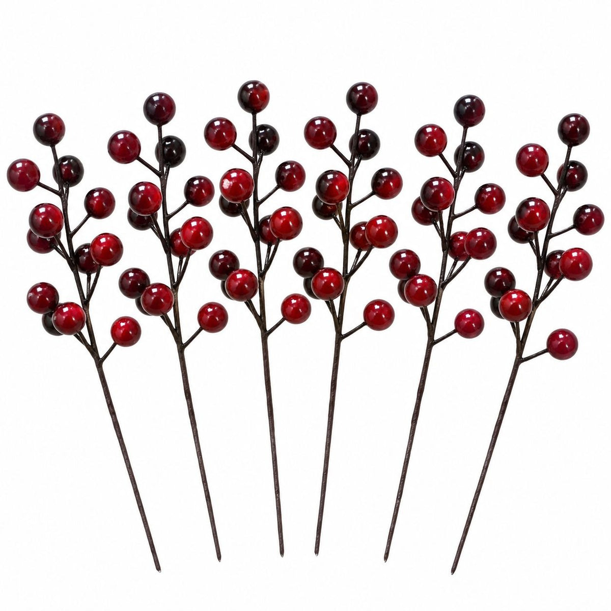 6 Artificial Burgundy Berry Picks, 8-Inch Cranberry Red Stems