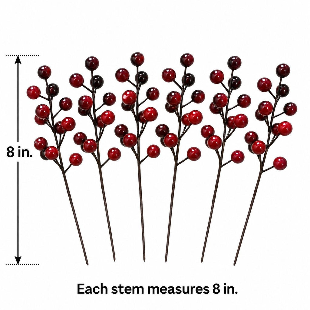 6 Artificial Burgundy Berry Picks, 8-Inch Cranberry Red Stems