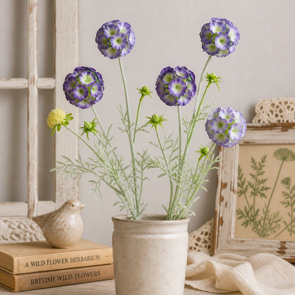 Artificial Scabiosa Flower Stems Purple Blue Faux Wildflower Cottage Floral Filler 24 Inch Stem Set of 2