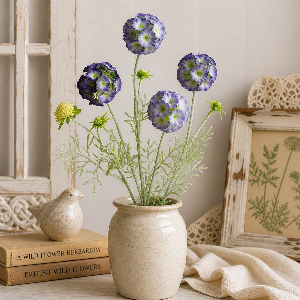 Artificial Scabiosa Flower Stems Purple Blue Faux Wildflower Cottage Floral Filler 24 Inch Stem Set of 2