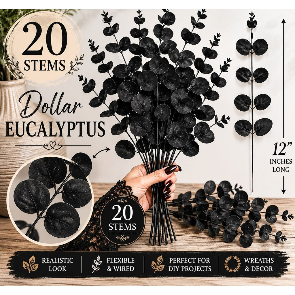 20 Black Dollar Eucalyptus Stems 12 Inch Faux Eucalyptus Picks Gothic Wedding Greenery Halloween Decor Wreath Supplies Vase Filler