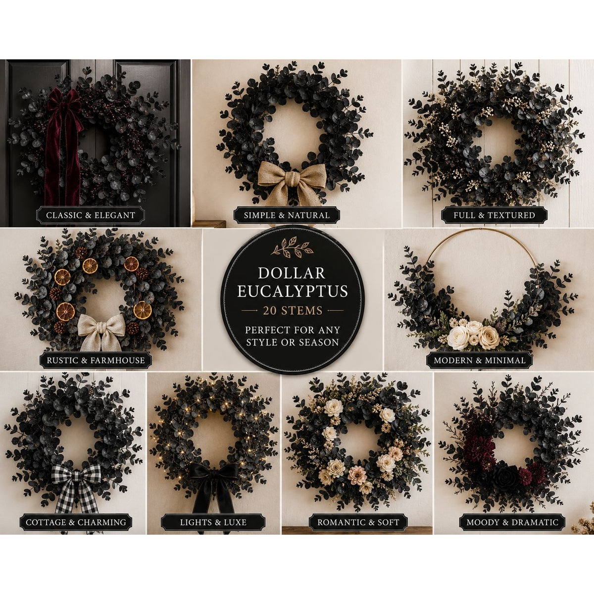 20 Black Dollar Eucalyptus Stems 12 Inch Faux Eucalyptus Picks Gothic Wedding Greenery Halloween Decor Wreath Supplies Vase Filler