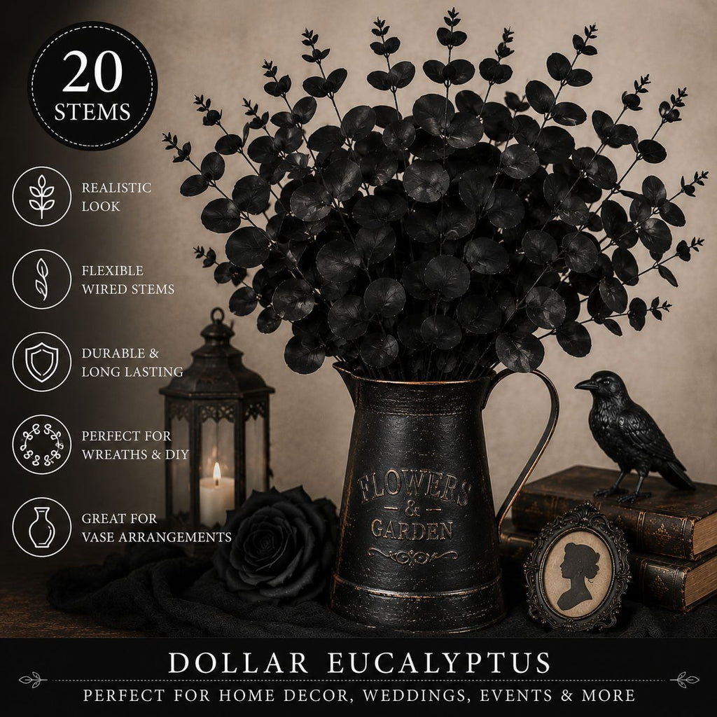 20 Black Dollar Eucalyptus Stems 12 Inch Faux Eucalyptus Picks Gothic Wedding Greenery Halloween Decor Wreath Supplies Vase Filler