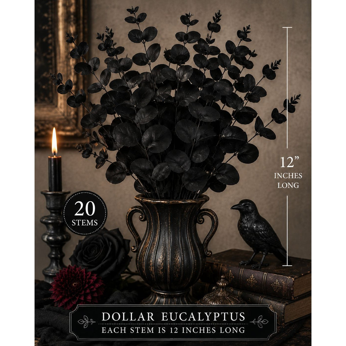20 Black Dollar Eucalyptus Stems 12 Inch Faux Eucalyptus Picks Gothic Wedding Greenery Halloween Decor Wreath Supplies Vase Filler