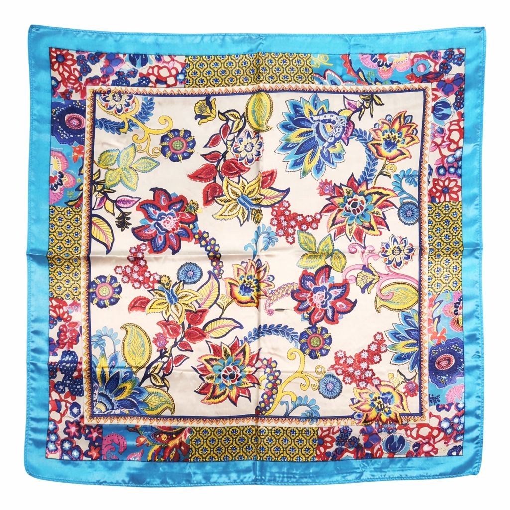 Blue Floral Satin Square Scarf 20x20 Hair Neck Head Wrap Boho Designer Collection