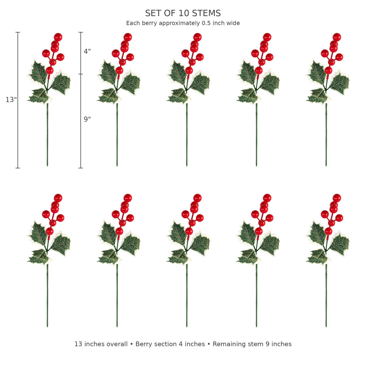 Set of 10 artificial holly stems with red berries and green leaves, shown on a white background with height measurement labels indicating 13 inches overall, 4-inch berry section, and 9-inch stem length.