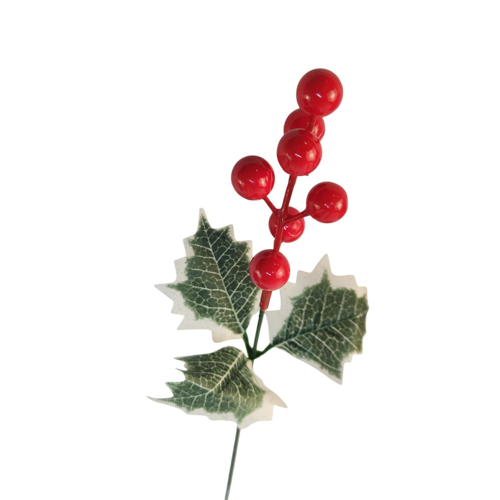 Artificial Holly Berry Picks, 10 Red Stems, Variegated Leaves, 13 Inch