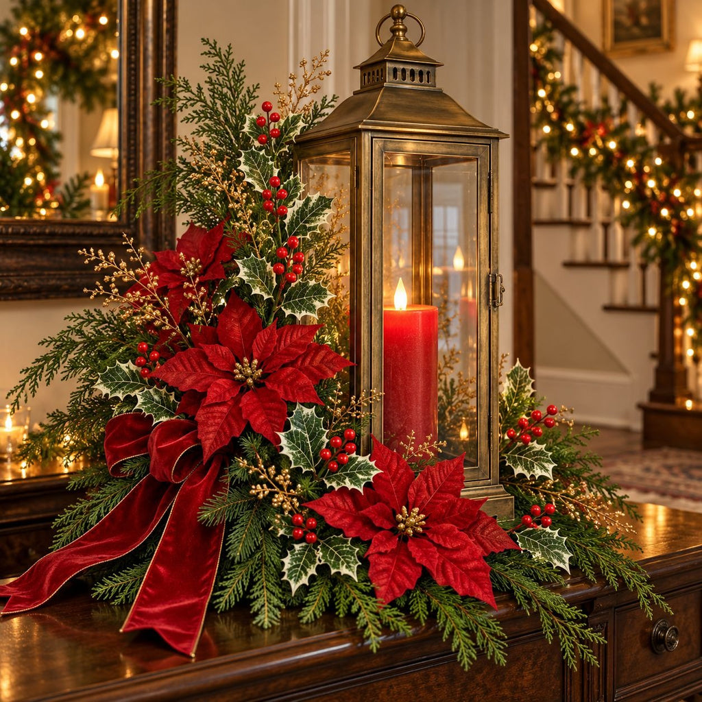 A festive Christmas holiday arrangement featuring a large red velvet bow, red poinsettias, holly leaves, and red berries, styled with a lit brass lantern candle holder on a dark wooden console table. The background shows a warmly lit staircase decorated with lights and garlands.