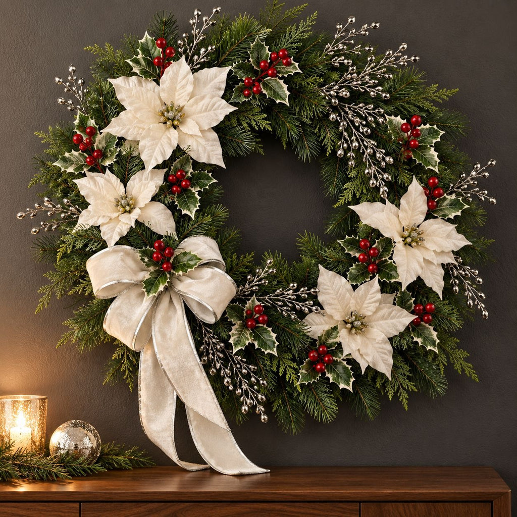 A festive Christmas wreath with white poinsettias, red berries, holly leaves, and a large cream ribbon bow, displayed against a dark gray wall above a wooden surface with a candle and glass ornament nearby.