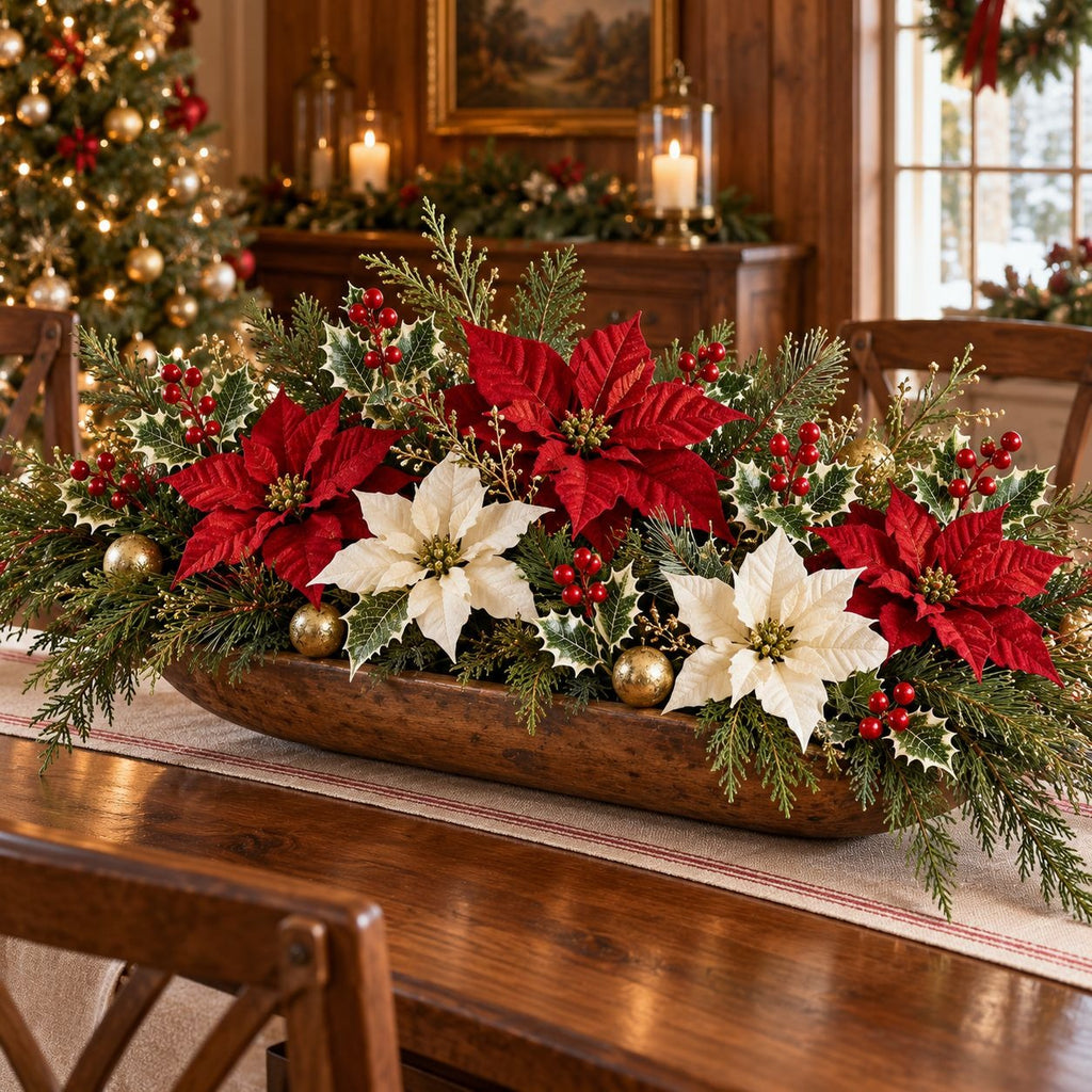 A festive Christmas table centerpiece in a long wooden boat-shaped planter, featuring red poinsettias, white poinsettias, green holly, pine branches, red berries, and gold ornaments, displayed on a wooden dining table in a decorated holiday room.