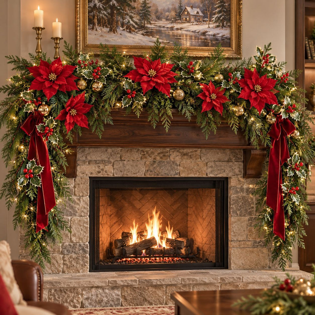 A festive holiday fireplace scene with a stone fireplace, glowing fire, and a mantel decorated with red poinsettias, green garland, red velvet ribbons, gold ornaments, and lit candles. A framed winter landscape painting hangs above the fireplace.