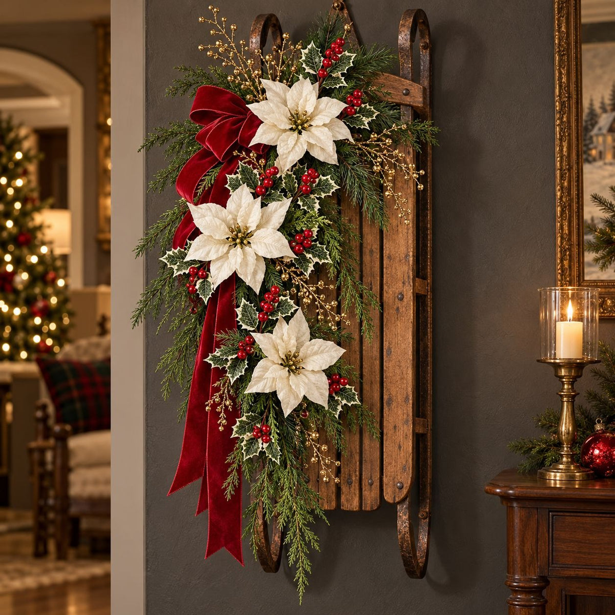 A festive Christmas wreath hanging on a wooden sled, decorated with white poinsettias, red velvet ribbon, holly, red berries, and green evergreen branches, shown in a decorated living room setting.