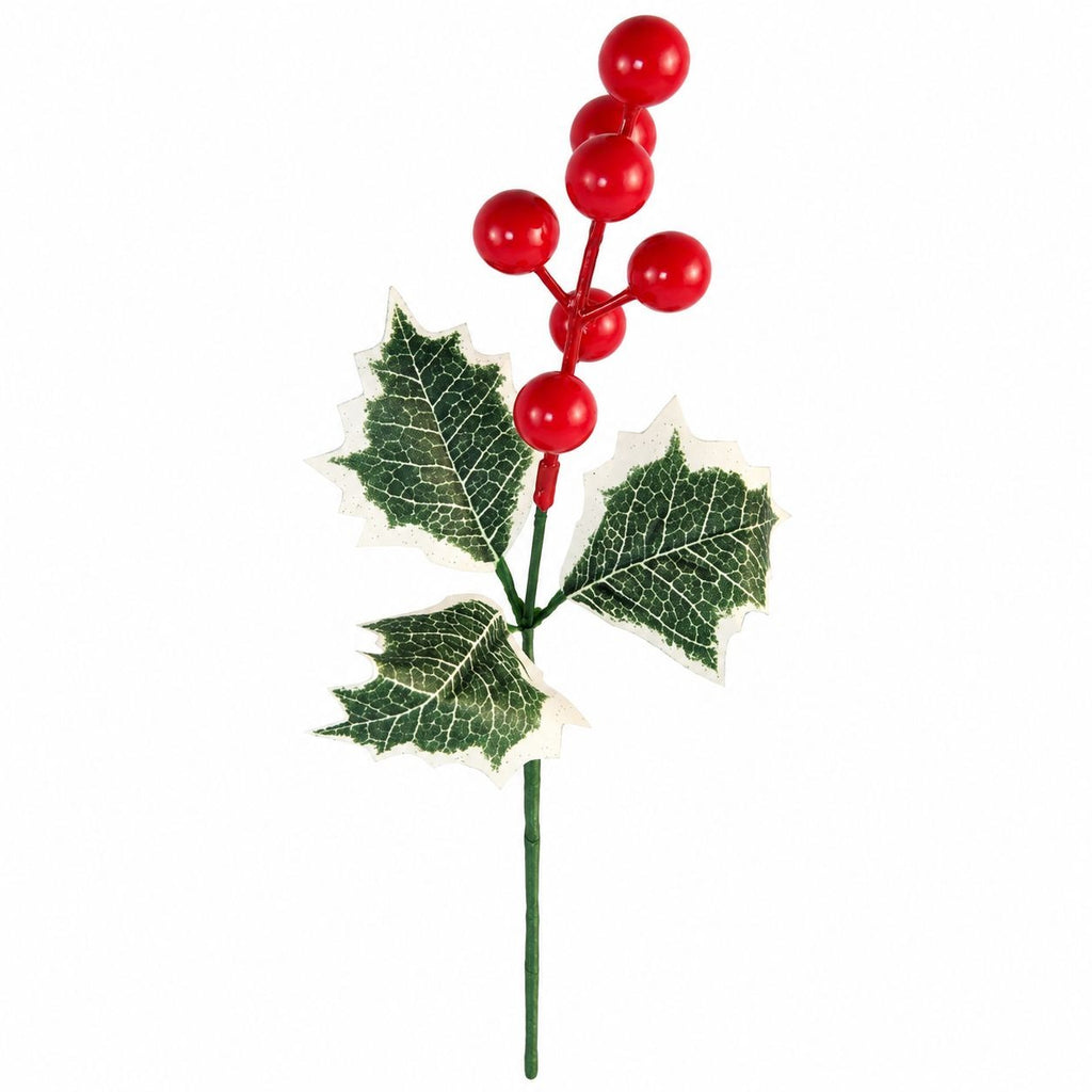 Artificial Holly Berry Picks, 10 Red Stems, Variegated Leaves, 13 Inch