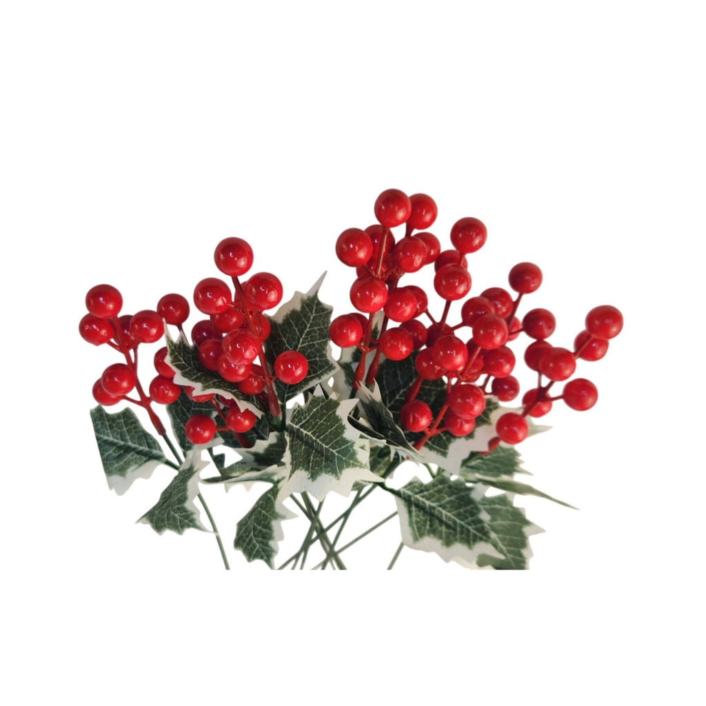 Artificial Holly Berry Picks, 10 Red Stems, Variegated Leaves, 13 Inch