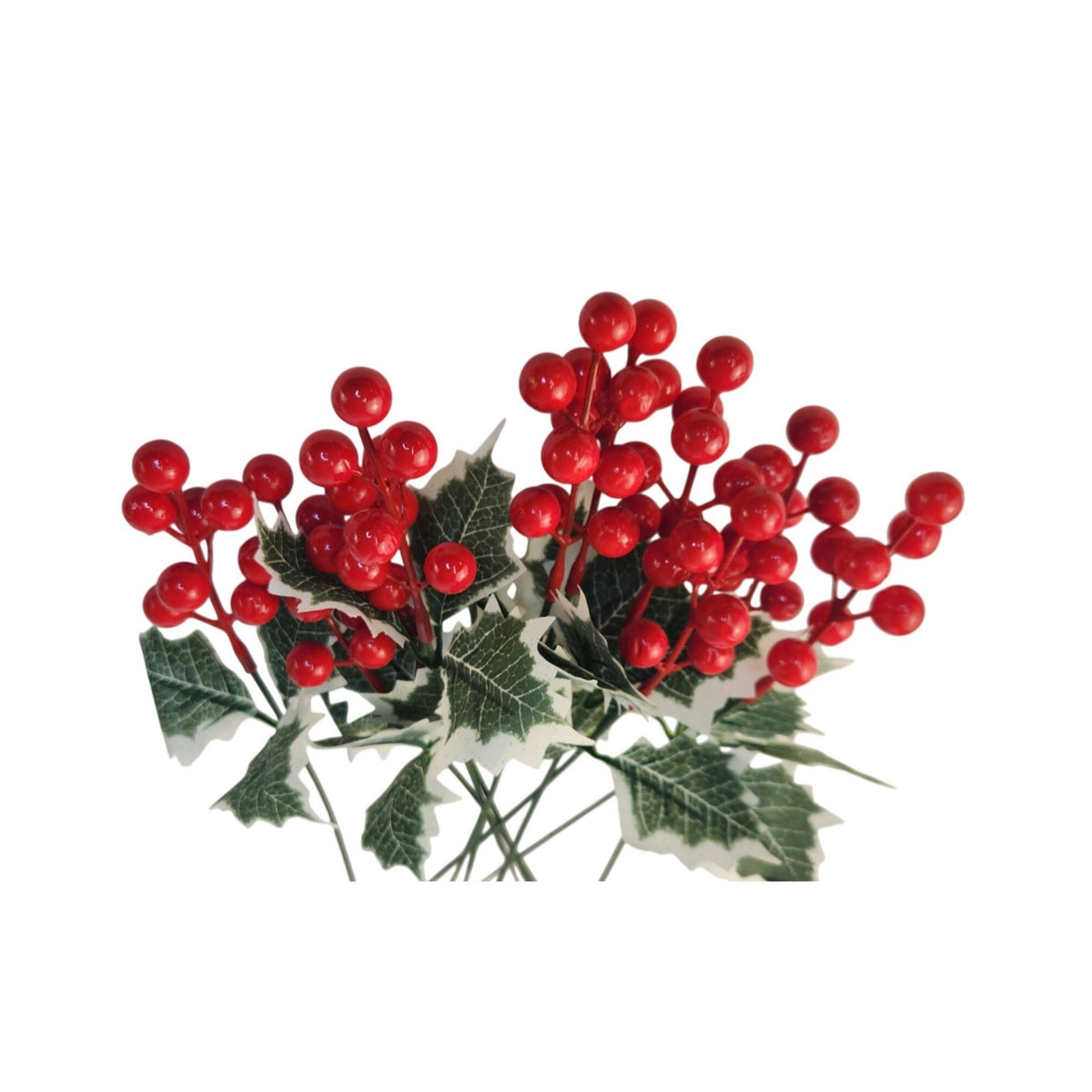 Artificial Holly Berry Picks, 10 Red Stems, Variegated Leaves, 13 Inch