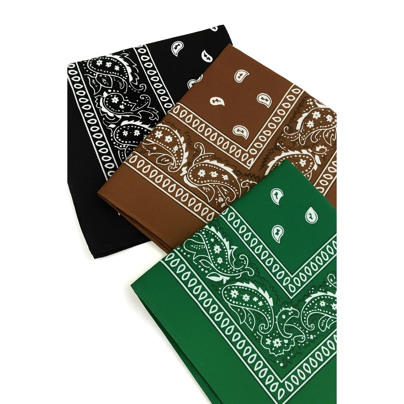 Bandanas 21x21" Western Cowboy Cowgirl - Black Brown Green Paisley Square Scarves 3 Pack
