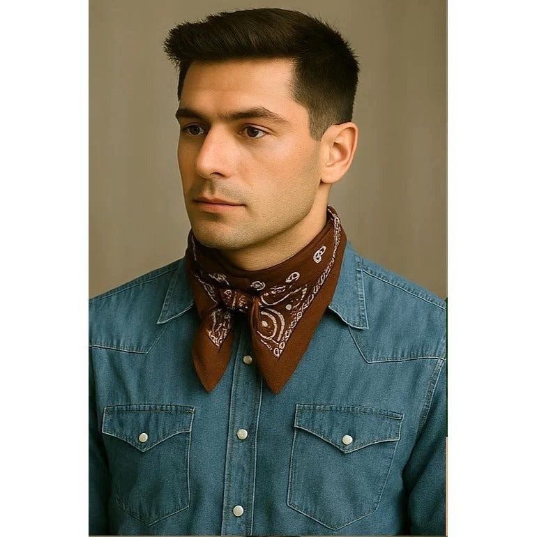 Bandanas 21x21" Western Cowboy Cowgirl - Black Brown Green Paisley Square Scarves 3 Pack