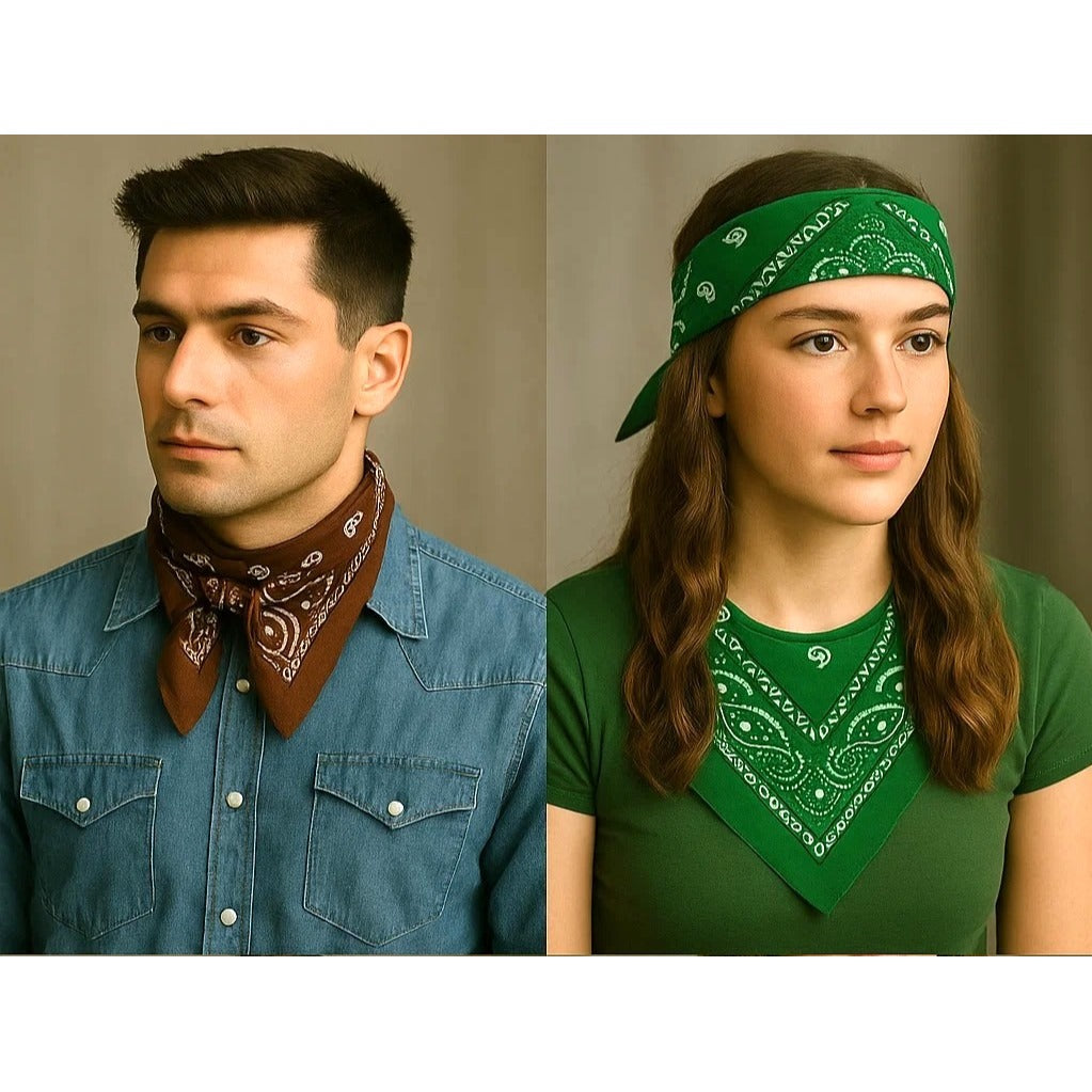 Bandanas 21x21" Western Cowboy Cowgirl - Black Brown Green Paisley Square Scarves 3 Pack