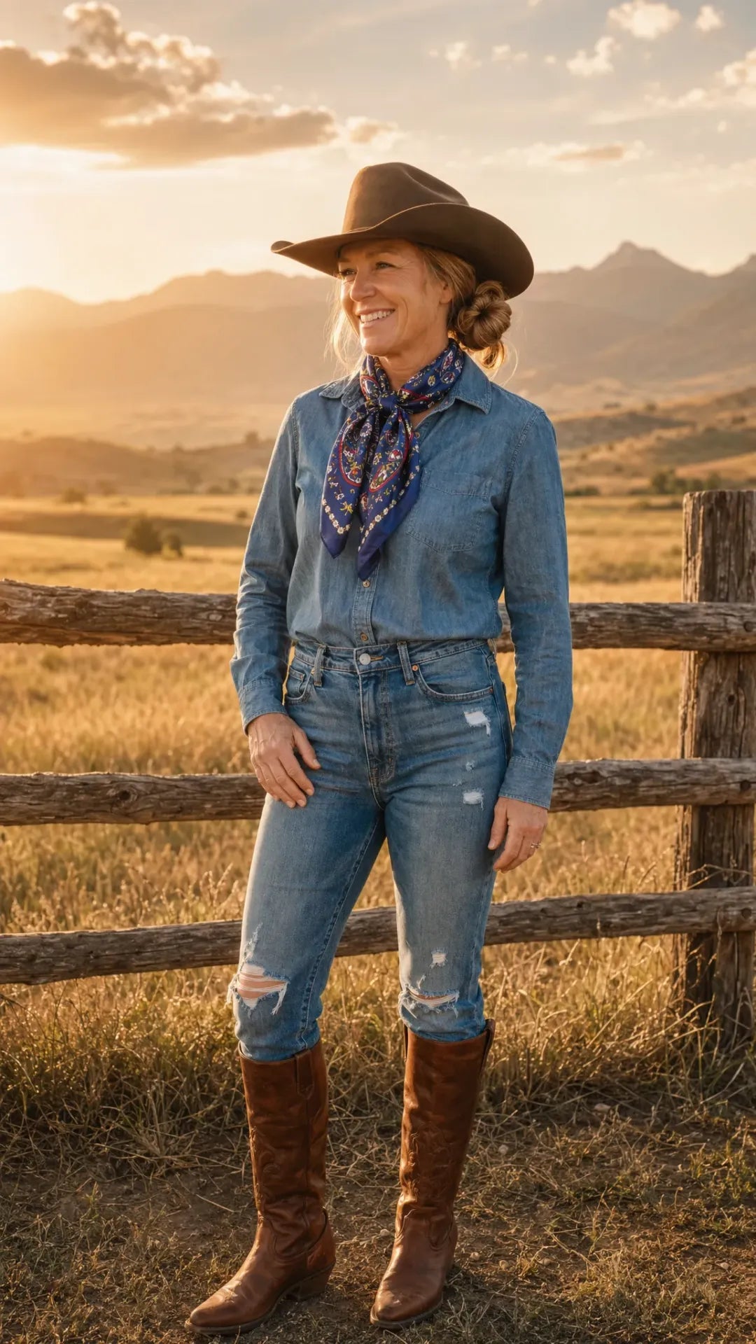 Navy paisley wild rag scarf worn by model in western lifestyle setting