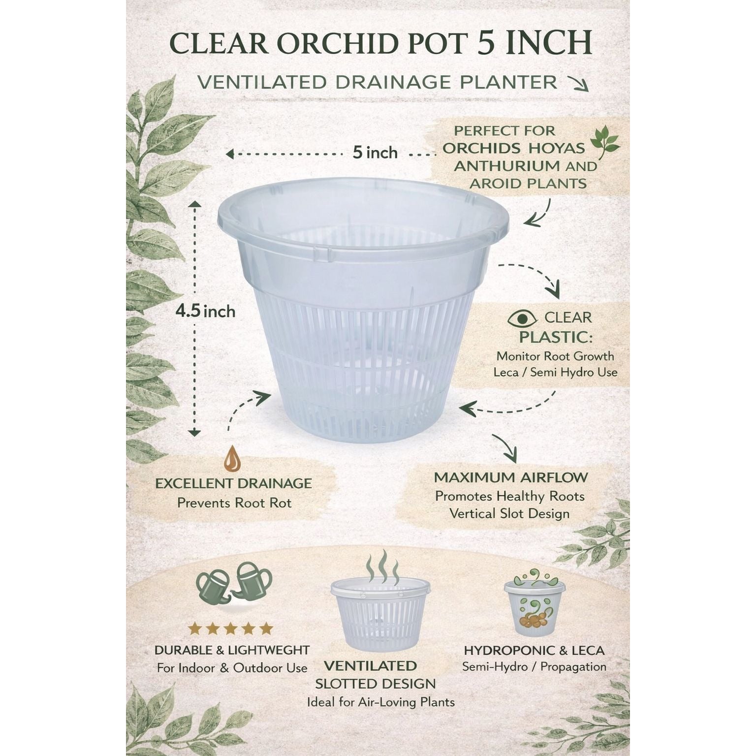 Clear Orchid Pot 5 Inch Slotted Plastic Planter Ventilated Drainage Pot Hydroponic