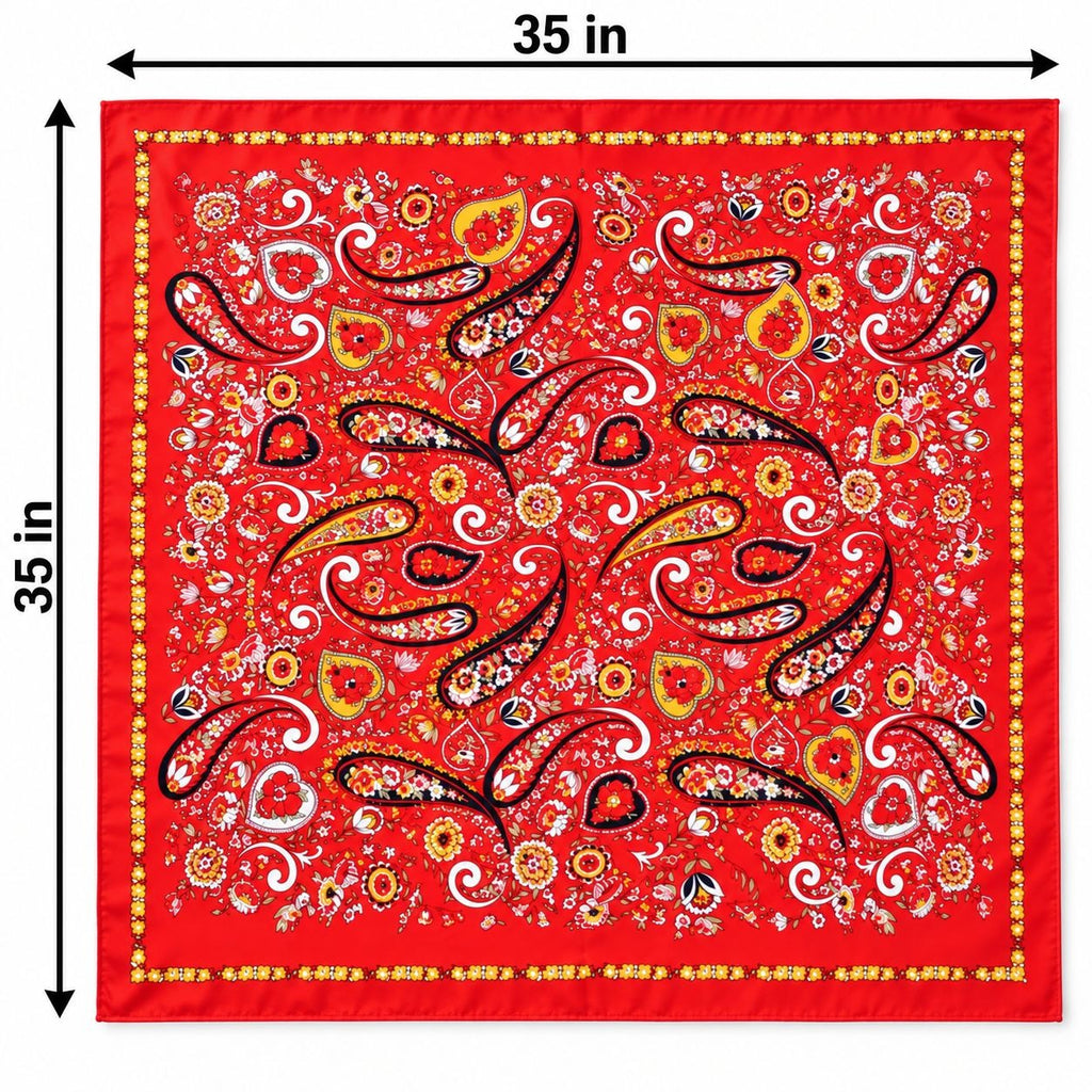 A square red bandana with a detailed paisley pattern in black, yellow, and white, shown with black dimension lines indicating a size of 35 inches on each side.
