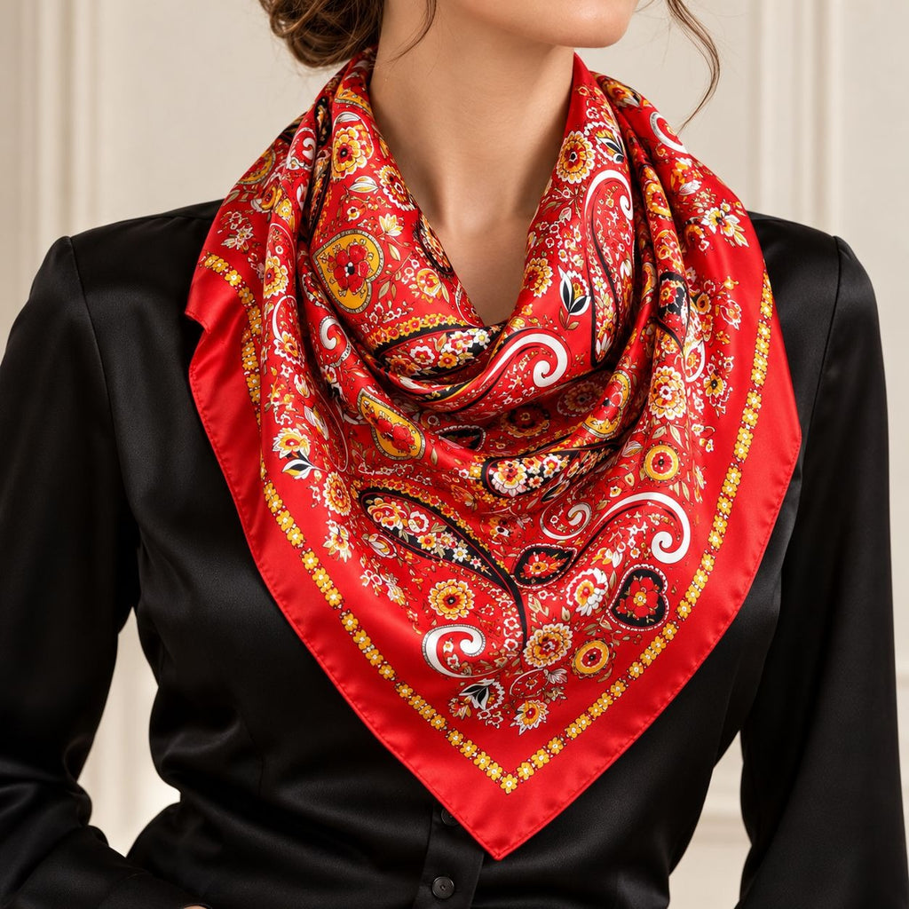 A red square scarf with a detailed paisley and floral pattern, styled around the neck of a person wearing a black satin blouse.